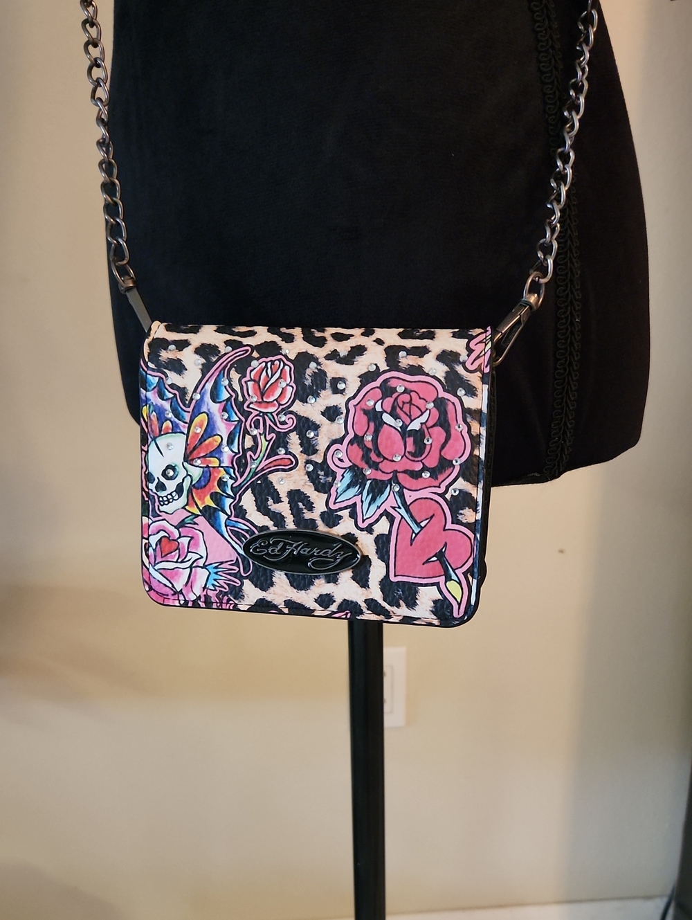 Ed Hardy Pink Floral Skull Leopard Crossbody Bag with Adjustable Chain Strap